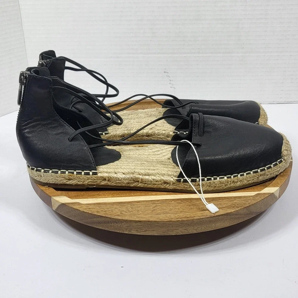 Eileen Fisher Black Leather Lace Up Zip Espadrille Sandals Womens 9 Flat Black
